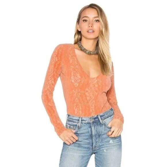 Intimately Free People Velvet Burnout Sheer Mesh Bodysuit Size L Soft Peach - Picture 1 of 10